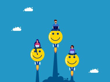 Olumlu düşün. İş adamlarından oluşan bir ekip mutluluk simgeleri üzerinde dizüstü bilgisayarlar üzerinde çalışıyor. Vektör