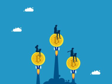 Bitcoin 'e yatırım yapmak için yarışın. İş adamlarından oluşan bir ekip dijital paralarla ilgili dizüstü bilgisayarlar üzerinde çalışıyor. Vektör