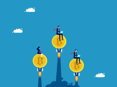 Bitcoin ticareti için yarışın. İş adamlarından oluşan bir ekip dijital paralarla ilgili dizüstü bilgisayarlar üzerinde çalışıyor. Vektör