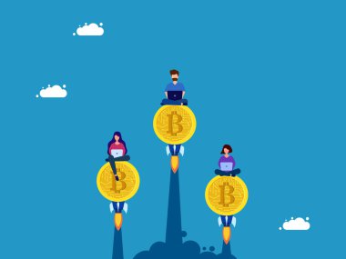 Bitcoin 'e yatırım yapma rekabeti, dijital para birimi daha hızlı yükseliyor. İş adamlarından oluşan bir ekip dijital paralarla ilgili dizüstü bilgisayarlar üzerinde çalışıyor. Vektör