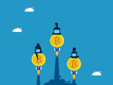 Dijital paralar daha hızlı yükselir. İş adamlarından oluşan bir ekip bitcoinler hakkında dizüstü bilgisayarlar üzerinde çalışıyor. Vektör