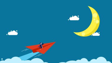 Bulutların üstündeki fikirlerin lideri. İşadamı ay vektörüne kağıt bir roketi kontrol ediyor.