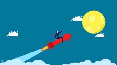 Kâr artıyor. İş adamı ay vektörünü gösteren roket okuyla uçar