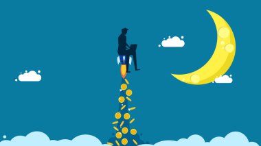 Daha yüksek kârlar. İşadamı roketle para fırlatıyor. Vektör