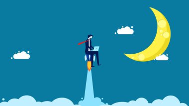 İşinde daha becerikli ol. İşadamı dizüstü bilgisayarla roket gibi hızlı çalışıyor. Vektör