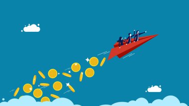 İş para tarafından yürütülür. Business takımı, gökyüzüne bozuk para atmak için bir konfeti roketini kontrol ediyor. vektör illüstrasyonu