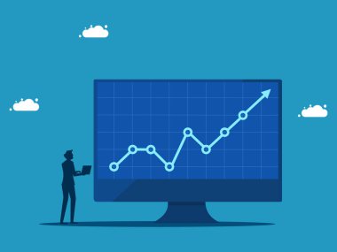 Kâr artıyor. İş adamı monitördeki grafiği büyütüyor. vektör illüstrasyonu