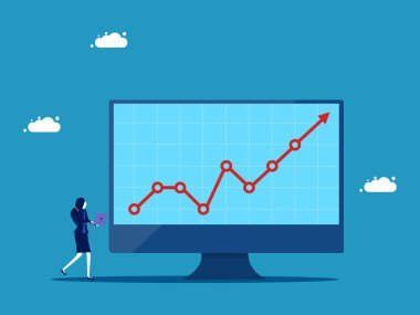 İşler gelişiyor ve gelişiyor. İş kadını büyüme grafiğini monitörde yapıyor. vektör illüstrasyonu