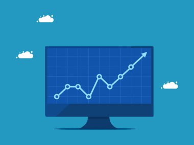 İşler gelişiyor ve gelişiyor. Monitör Vektör illüstrasyonunda büyüme grafiği