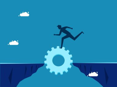 İş risklerini aşmak. Fueang Gear Köprüsü 'nü koşarak geçen bir iş adamı. vektör illüstrasyonu