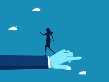 Farklı fikirler. Dev elde tam tersini gösteren bir iş kadını. vektör