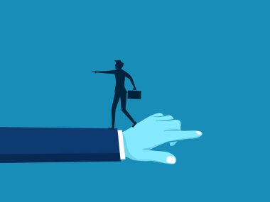 Çatışma. Dev ellerindeki iş adamı zıt yönleri işaret ediyor. vektör