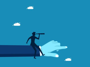 Fırsatları göster. İş adamı dürbünle dev el işaretleriyle aynı yöne bakıyor. Vektör