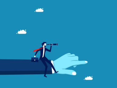 Kariyer tavsiyesi, fırsatlara dikkat çekmek. İş adamı dürbünle dev el işaretleriyle aynı yöne bakıyor. Vektör