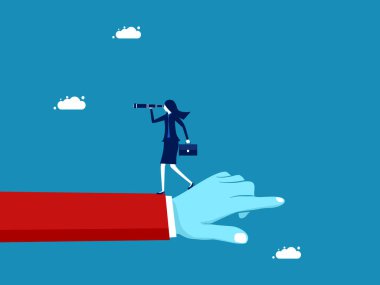 Farklı görüşler. İş kadını, dürbünlere kocaman bir el hareketiyle ters yönde bakıyor. Vektör