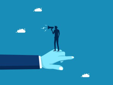 Hasar şöhretinden bahset. İşadamı megafonla konuşuyor, omuz silkip öne bakıyor. vektör