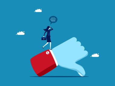 Olumsuz düşünceler. Stresli iş kadını, olumsuz işaret taşıyıcısı yapıyor.