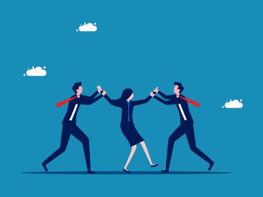 Özel yetenekleri olan insan kaynakları için rekabet. Bir iş kadını için kavga eden iki iş adamı arasında. Vektör