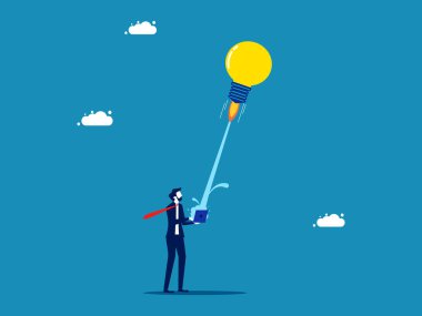 İşteki hayal gücü, bilginin kaynağı. İşadamı dizüstü bilgisayarla ampul roketi fırlatıyor. vektör