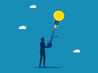 İş hakkında düşünmek, bilgiyi geliştirmek. İşadamı dizüstü bilgisayarla ampul roketi fırlatıyor. vektör