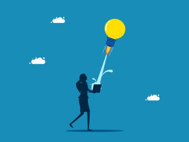 İşteki hayal gücü, bilginin kaynağı. İş kadını dizüstü bilgisayarla ampul roketi fırlatıyor. vektör