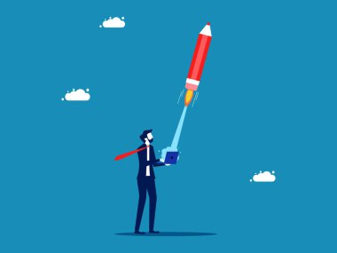 Fikir geliştirme. İşadamı dizüstü bilgisayarından kalem roketi fırlatıyor. Vektör