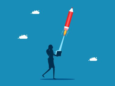 Fikir geliştirme. Kadın dizüstü bilgisayarından kalem roketi fırlatıyor. Vektör