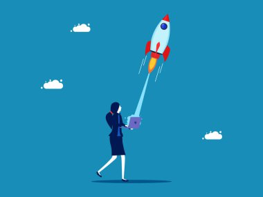 İş geliştirme. İş kadını dizüstü bilgisayardan roket fırlatıyor. Vektör illüstrasyonu