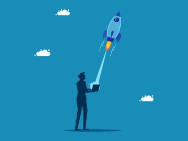 İş geliştirme. İşadamı dizüstü bilgisayardan roket fırlatıyor. Vektör illüstrasyonu