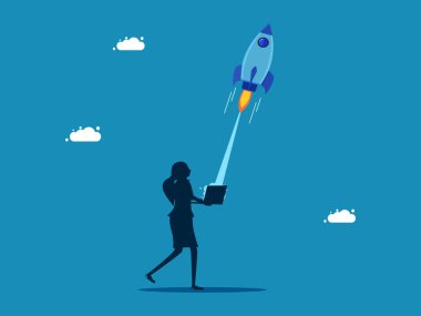 Bir iş kurun. Kadın dizüstü bilgisayardan roket fırlatıyor. Vektör illüstrasyonu