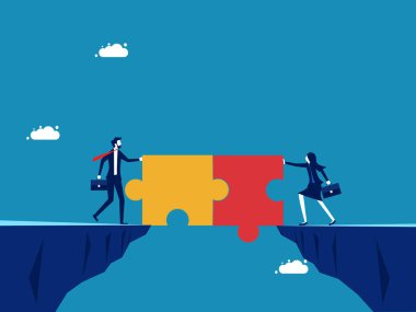 Sorunları birlikte çözün. İki işadamı bir bulmacayı birbirine bağlayıp bir köprü oluşturuyor. vektör illüstrasyonu