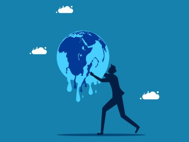 İklim değişikliğine karşı koruma. İnsanoğlu eriyen bir toprağı tutar. Vektör illüstrasyonu