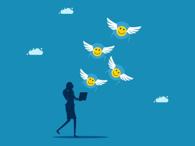 Müşterilerden iyi tepki. kadın dizüstü bilgisayarla mutluluk simgesini açar 