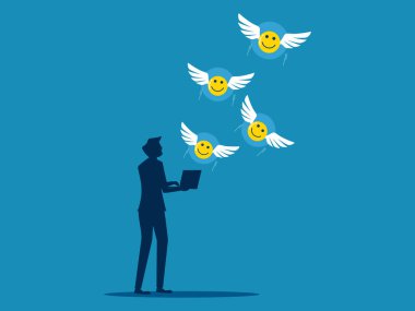 Müşteri memnuniyeti. Adam gülen ikonu dizüstü bilgisayarla açıyor 