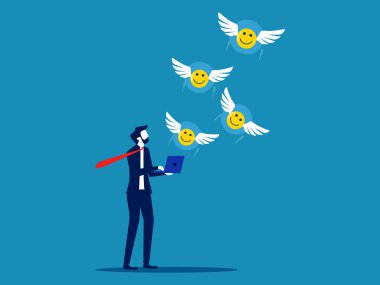 Müşterilerden iyi tepki. İş adamı mutluluk simgesini dizüstü bilgisayarla açıyor 