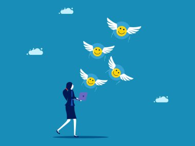 Müşteri memnuniyeti. İş kadını gülen ikonu dizüstü bilgisayarla açıyor 