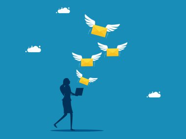 Çevrimiçi mesaj gönder. İş kadını mektubu dizüstü bilgisayarla açıyor. Vektör illüstrasyonu