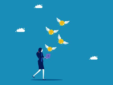 Para kazanmak. İş kadını bilgisayarla internete para gönderiyor. Vektör illüstrasyonu