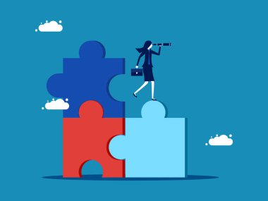 Son parçayı bitir. İş kadını, son kayıp yapbozu arıyor. vektör