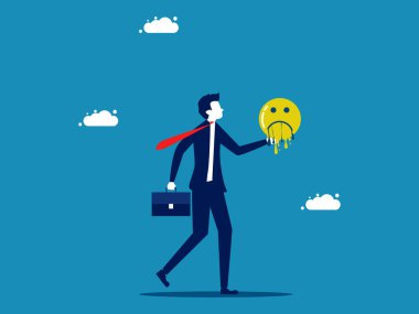 Acı kaybolur. İş adamının elinde eriyen üzgün yüz simgesi var. Vektör