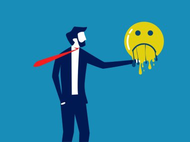 Kötümser bir kavram. İş adamının elinde eriyen üzgün yüz simgesi var. vektör