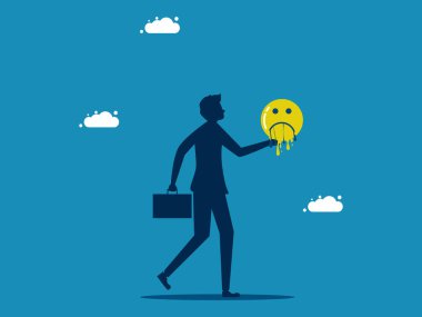 Kötümser bir kavram. Adamın elinde eriyen üzgün yüz simgesi var. vektör