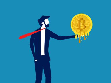 Dijital para değerini kaybetti. İşadamı bitcoin paralarını eritiyor. vektör illüstrasyonu