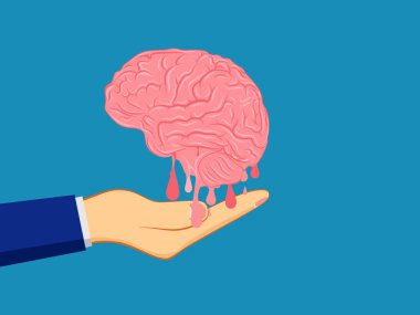 Akıl sağlığı. Eriyen bir beyni tutan koca bir el. vektör illüstrasyonu