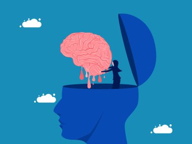 Beyin hafıza kaybı. İş kadını koca kafanın erimiş beynini kaldırıyor. vektör illüstrasyonu