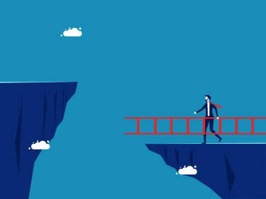 Zorlu engeller. İşadamı merdivenlerle uçurumu geçiyor. vektör illüstrasyonu