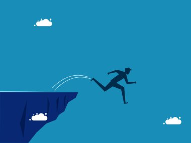 Yanlış karar ya da aptallık. İş adamı uçurumdan atlıyor. vektör illüstrasyonu