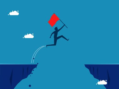 Cesaret ve meydan okuma. Elinde bayrak olan bir iş adamı uçurumdan atlıyor. vektör