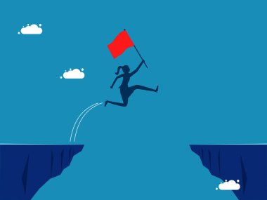 İş başarısının önündeki engelleri aşmak. Elinde bayrak tutan iş kadını uçurumdan atlıyor. vektör