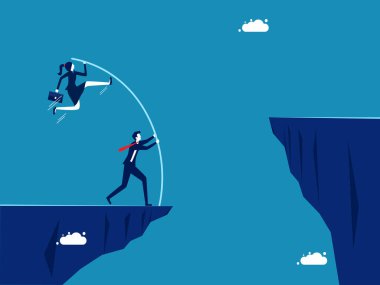 İş başarısı elde etmek. İş adamlarından oluşan bir ekip uçurum boşluğuna atlıyor. vektör